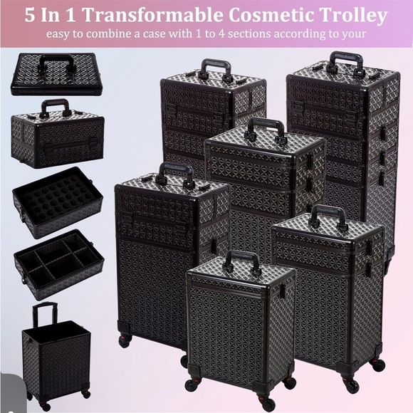 5 in 1 Professional Makeup Train Case Aluminum Cosmetic Case Rolling Makeup Case - Picture 4 of 9